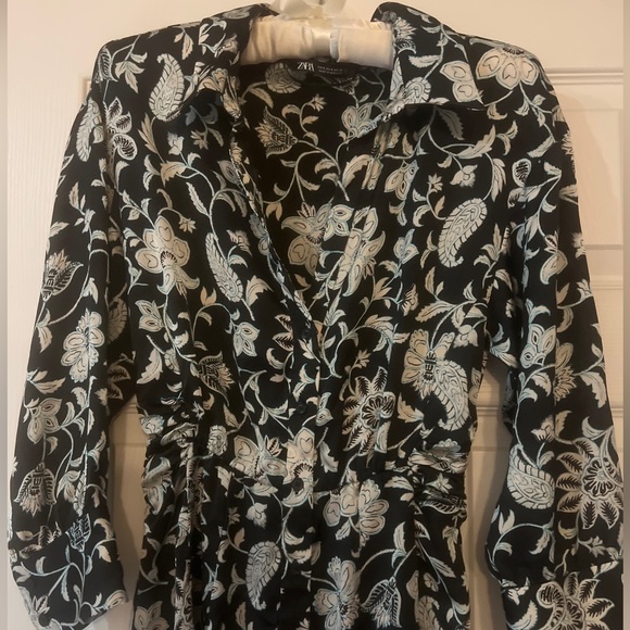 Zara Black Floral Print Collared Button Down 3/4 Sleeve Dress Size Small EUC - Picture 3 of 6